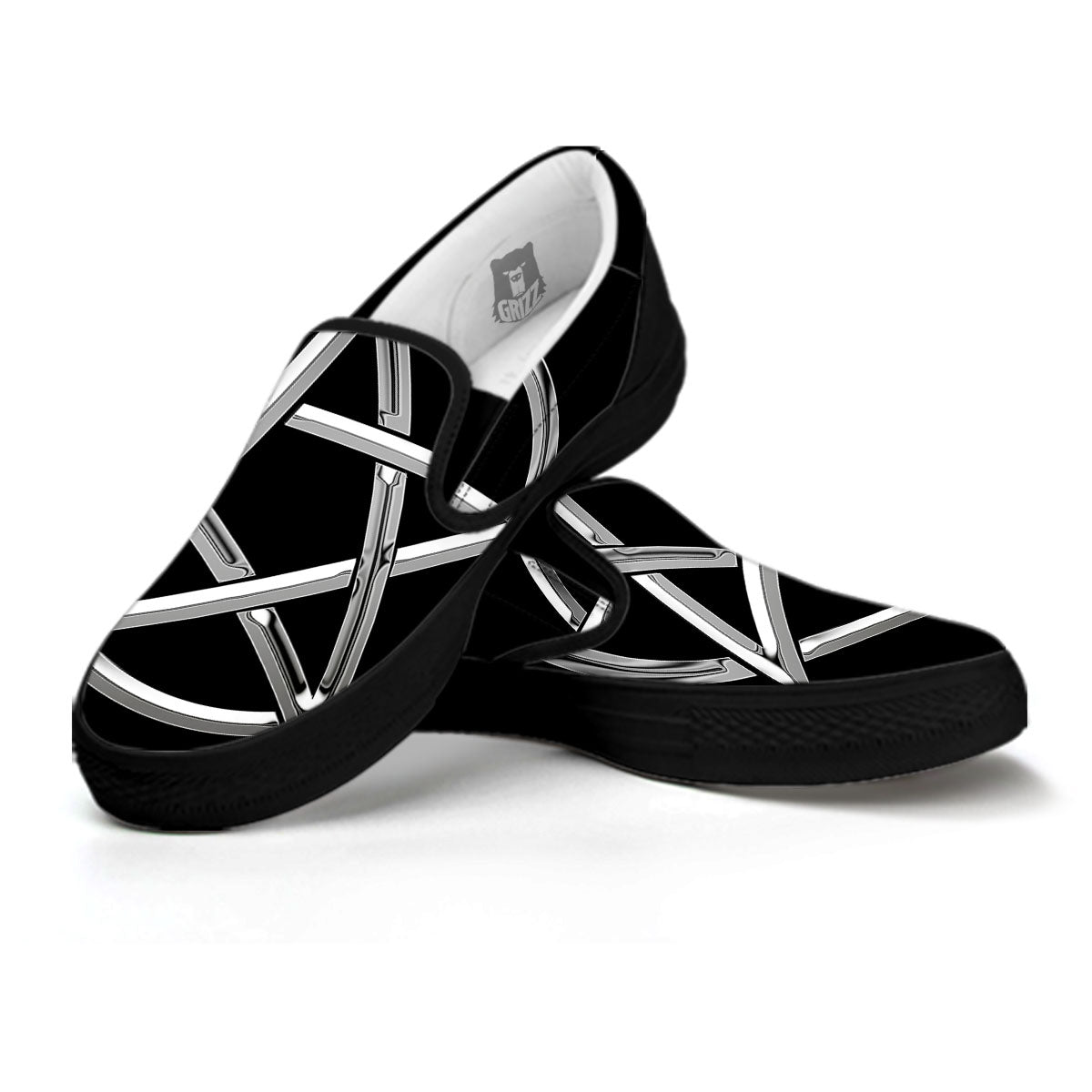 Pentagram Symbol White And Black Print Black Slip On Shoes-grizzshop