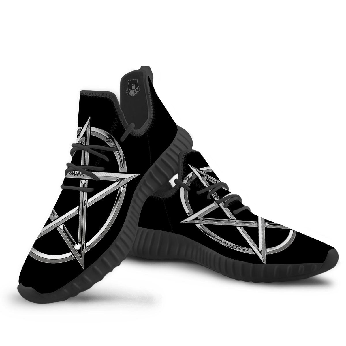 Pentagram Symbol White And Black Print Black Walking Shoes-grizzshop