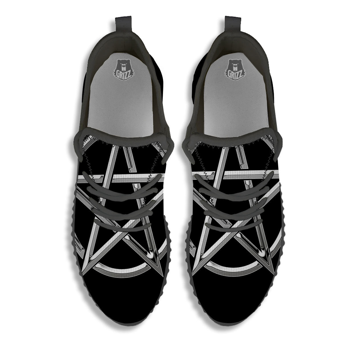 Pentagram Symbol White And Black Print Black Walking Shoes-grizzshop