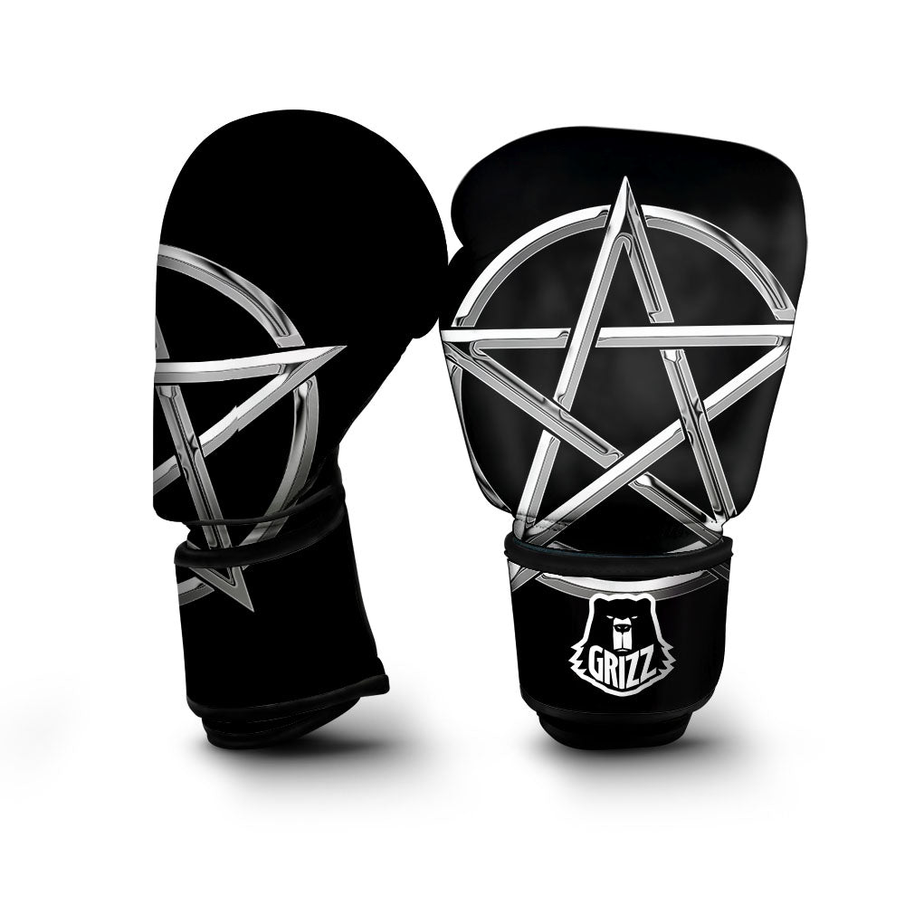 Pentagram Symbol White And Black Print Boxing Gloves-grizzshop