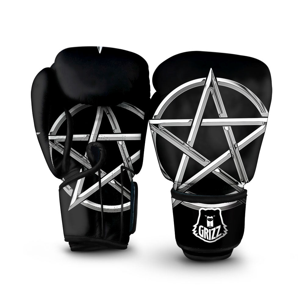 Pentagram Symbol White And Black Print Boxing Gloves-grizzshop