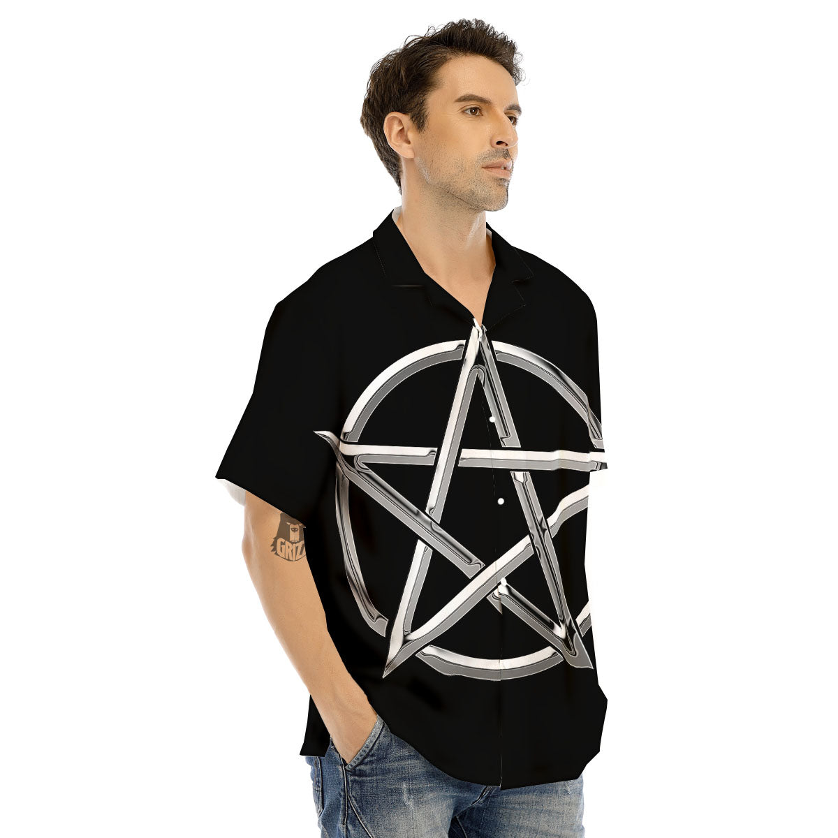 Pentagram Symbol White And Black Print Men's Hawaiian Shirt-grizzshop