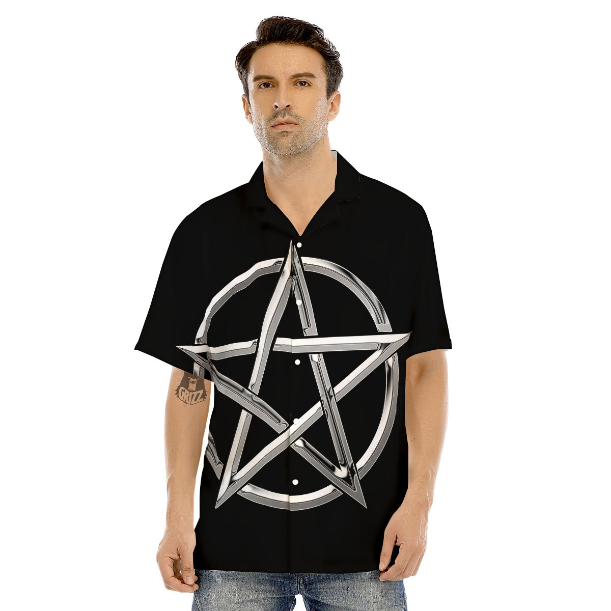 Pentagram Symbol White And Black Print Men's Hawaiian Shirt-grizzshop