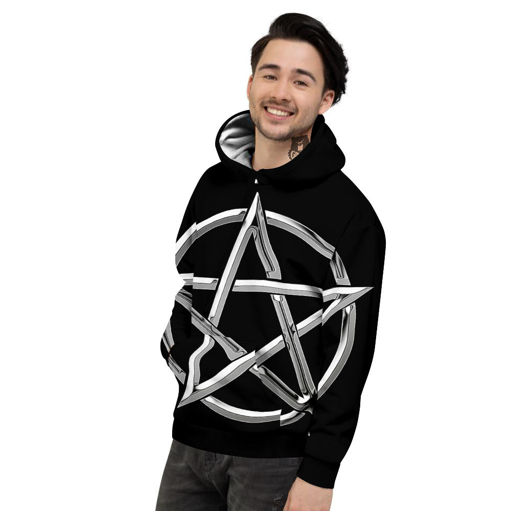 Pentagram Symbol White And Black Print Men's Hoodie-grizzshop
