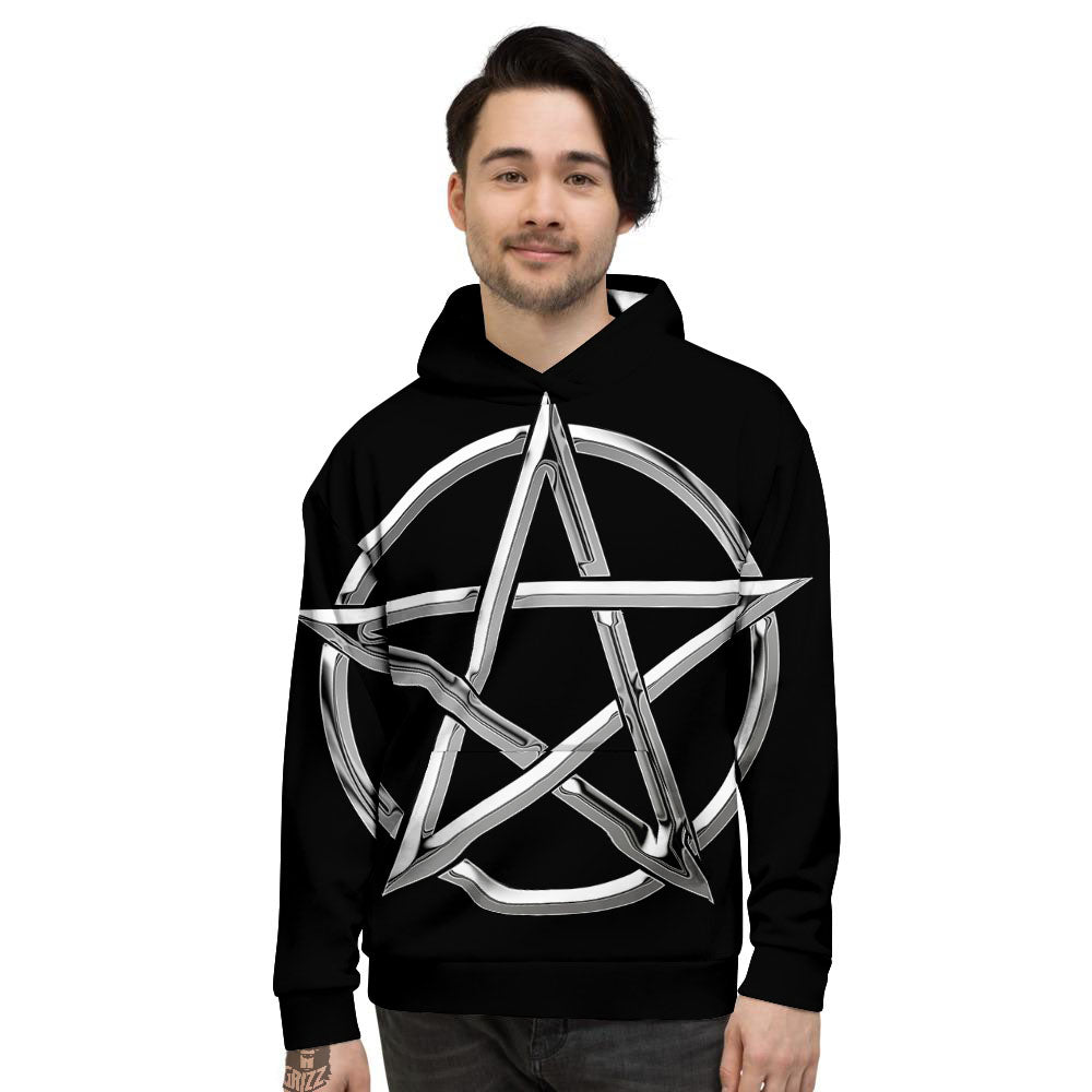 Pentagram Symbol White And Black Print Men's Hoodie-grizzshop