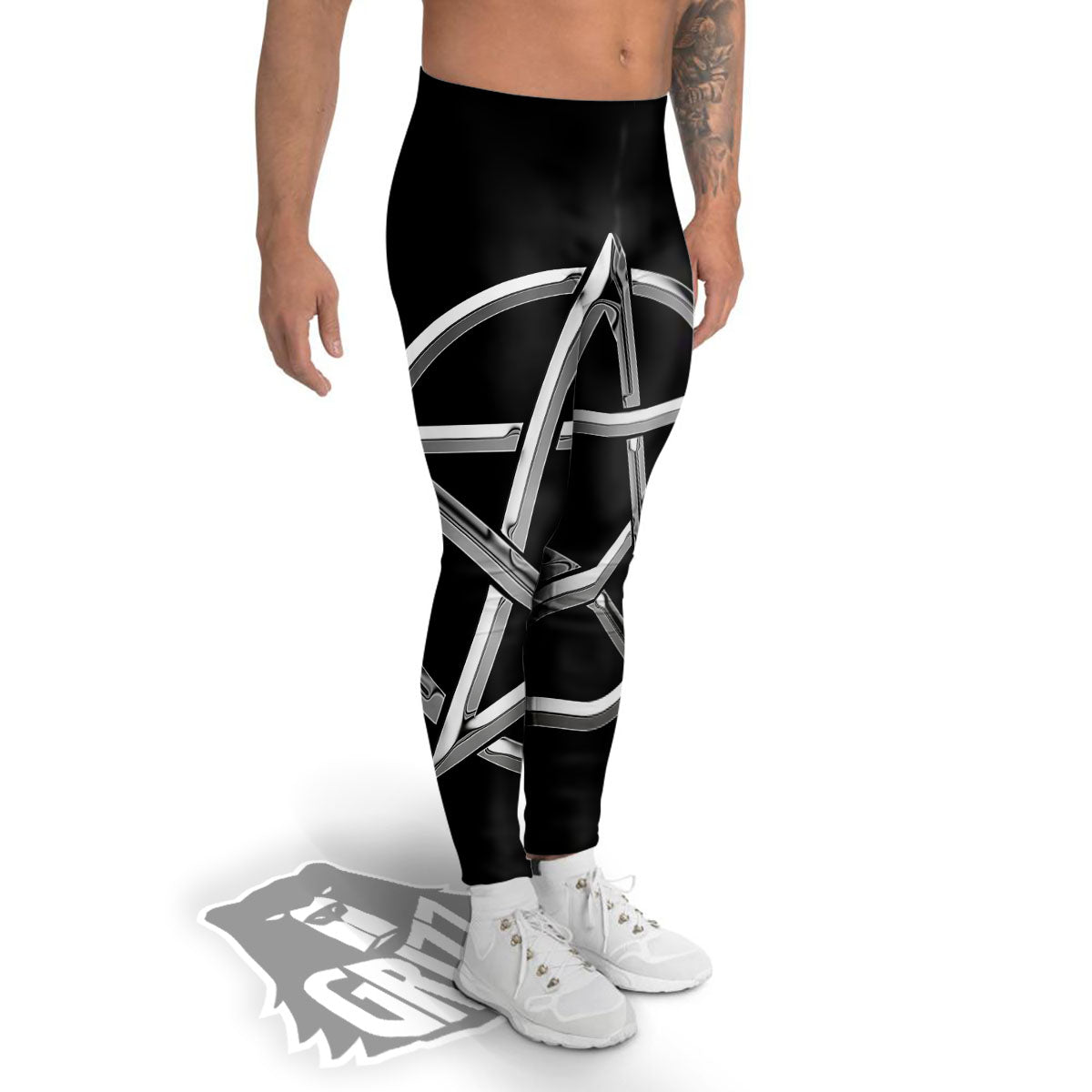 Pentagram Symbol White And Black Print Men's Leggings-grizzshop