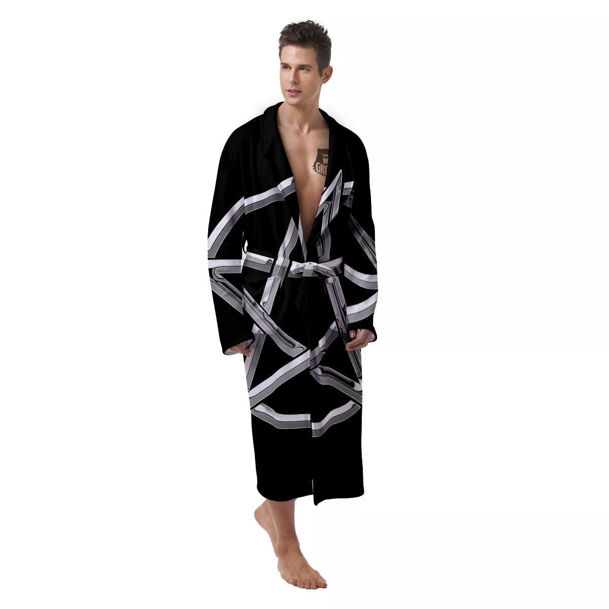 Pentagram Symbol White And Black Print Men's Robe-grizzshop
