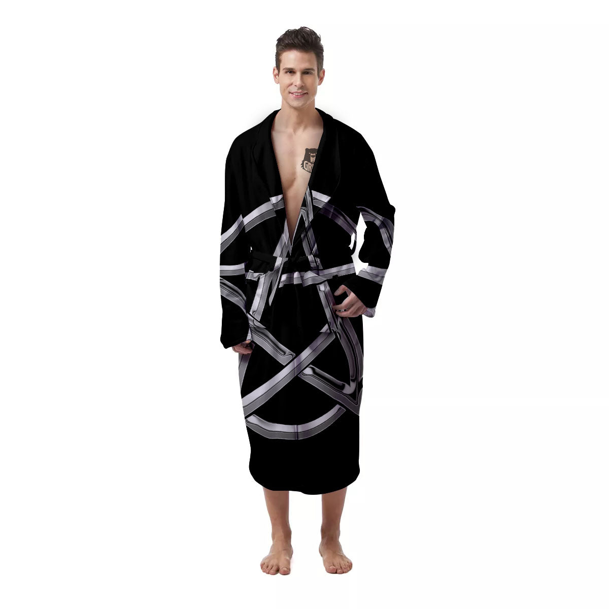 Pentagram Symbol White And Black Print Men's Robe-grizzshop
