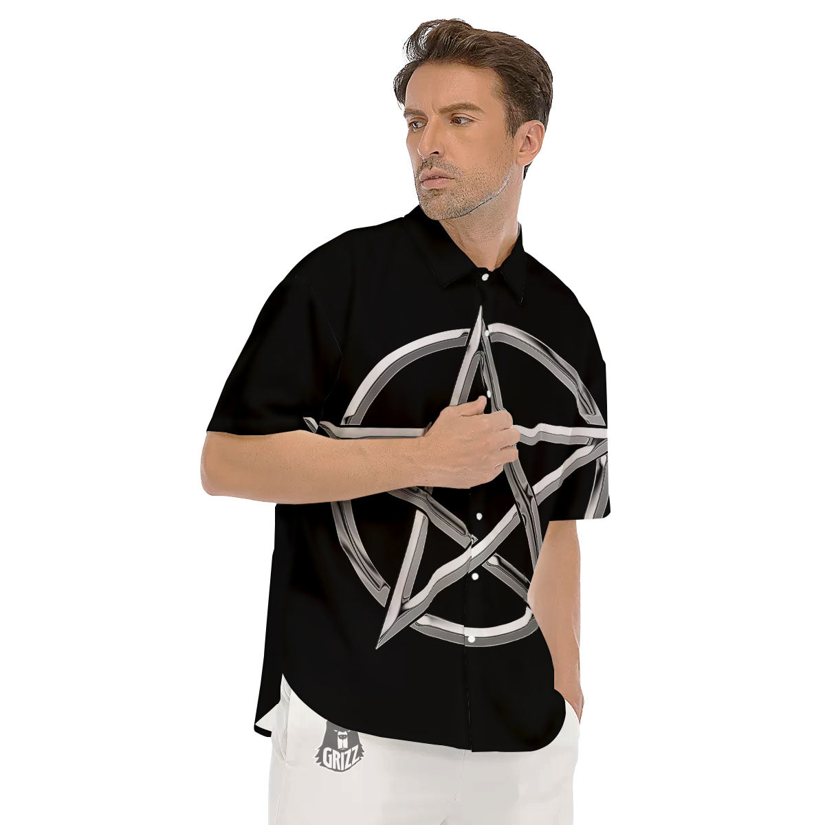 Pentagram Symbol White And Black Print Men's Short Sleeve Shirts-grizzshop