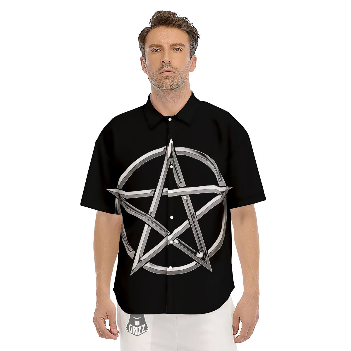 Pentagram Symbol White And Black Print Men's Short Sleeve Shirts-grizzshop
