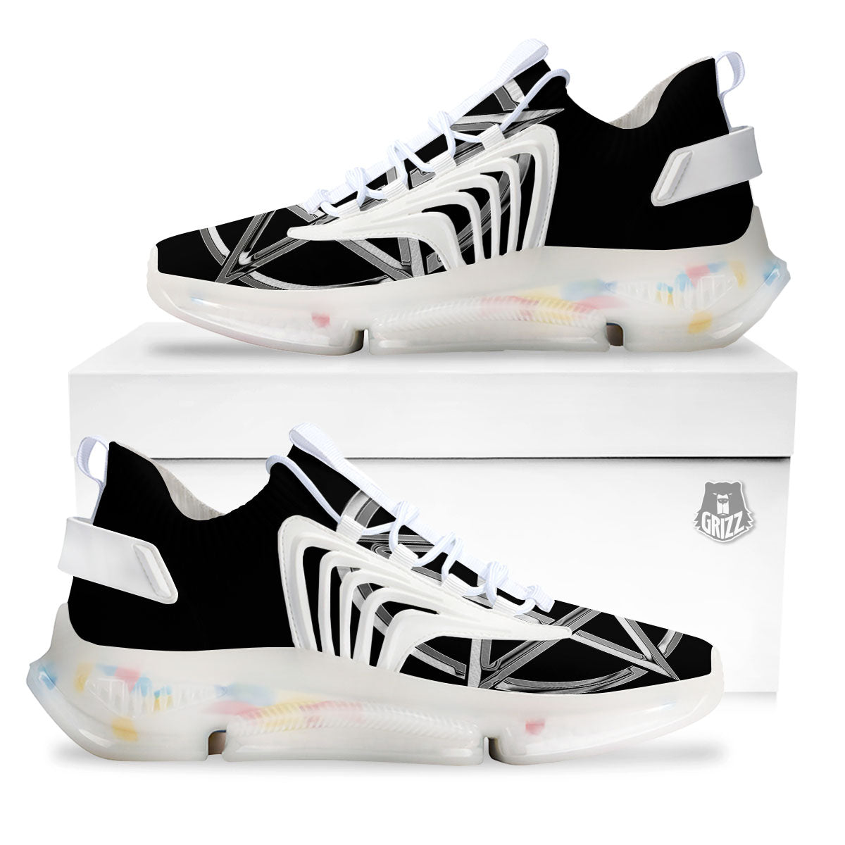 Pentagram Symbol White And Black Print White Gym Shoes-grizzshop