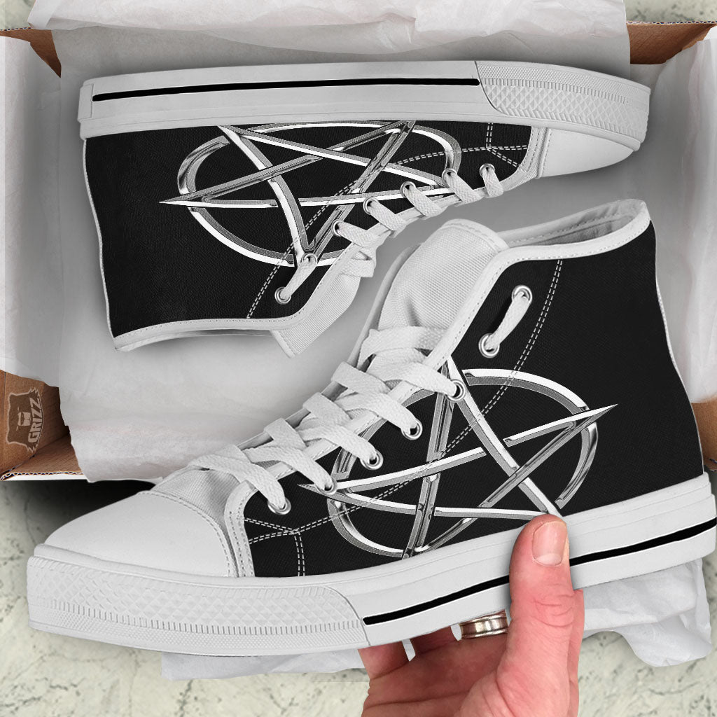 Pentagram Symbol White And Black Print White High Top Shoes-grizzshop