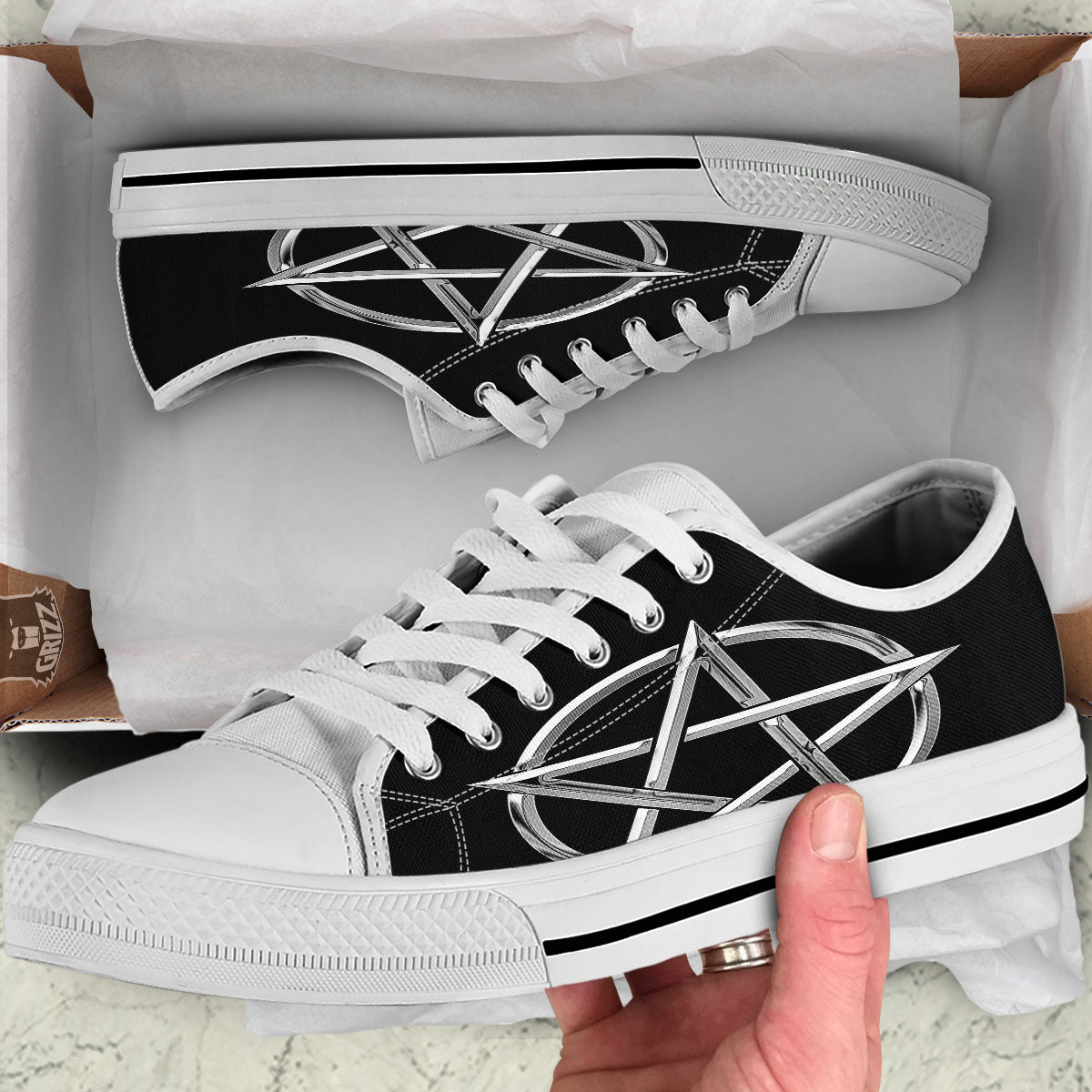 Pentagram Symbol White And Black Print White Low Top Shoes-grizzshop