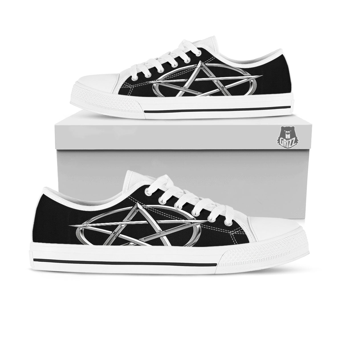 Pentagram Symbol White And Black Print White Low Top Shoes-grizzshop