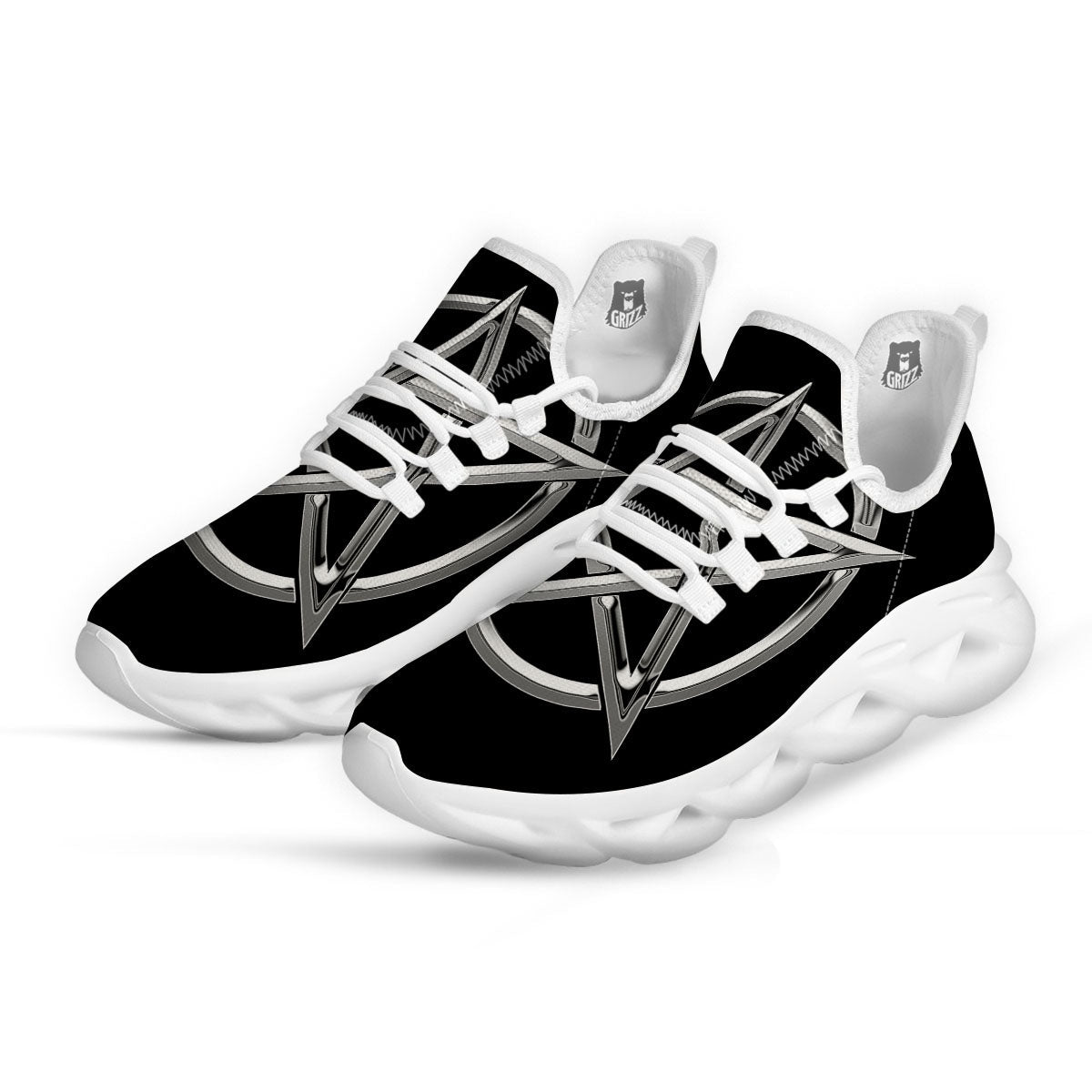 Pentagram Symbol White And Black Print White Running Shoes-grizzshop