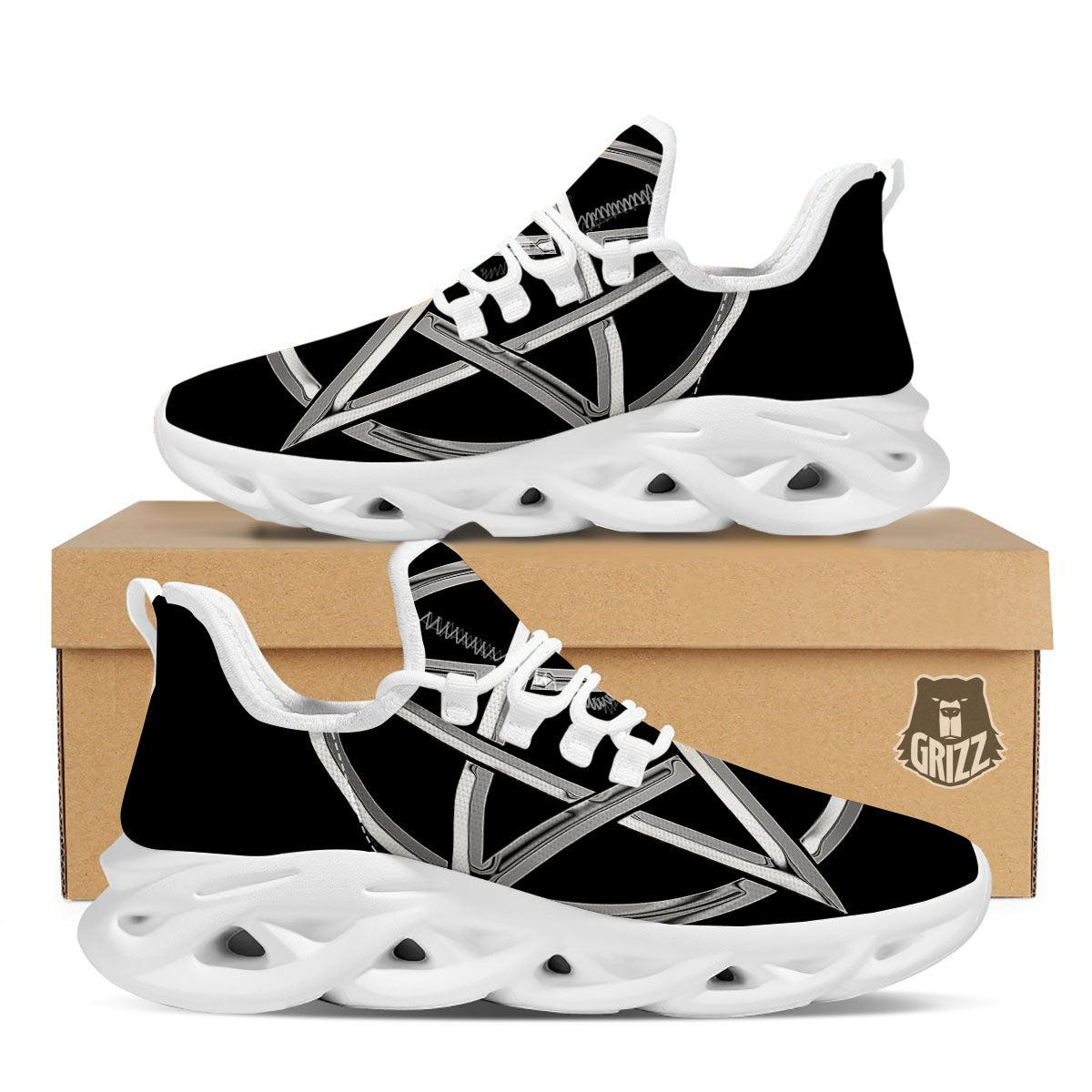 Pentagram Symbol White And Black Print White Running Shoes-grizzshop