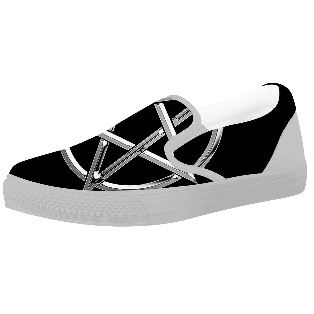Pentagram Symbol White And Black Print White Slip On Shoes-grizzshop
