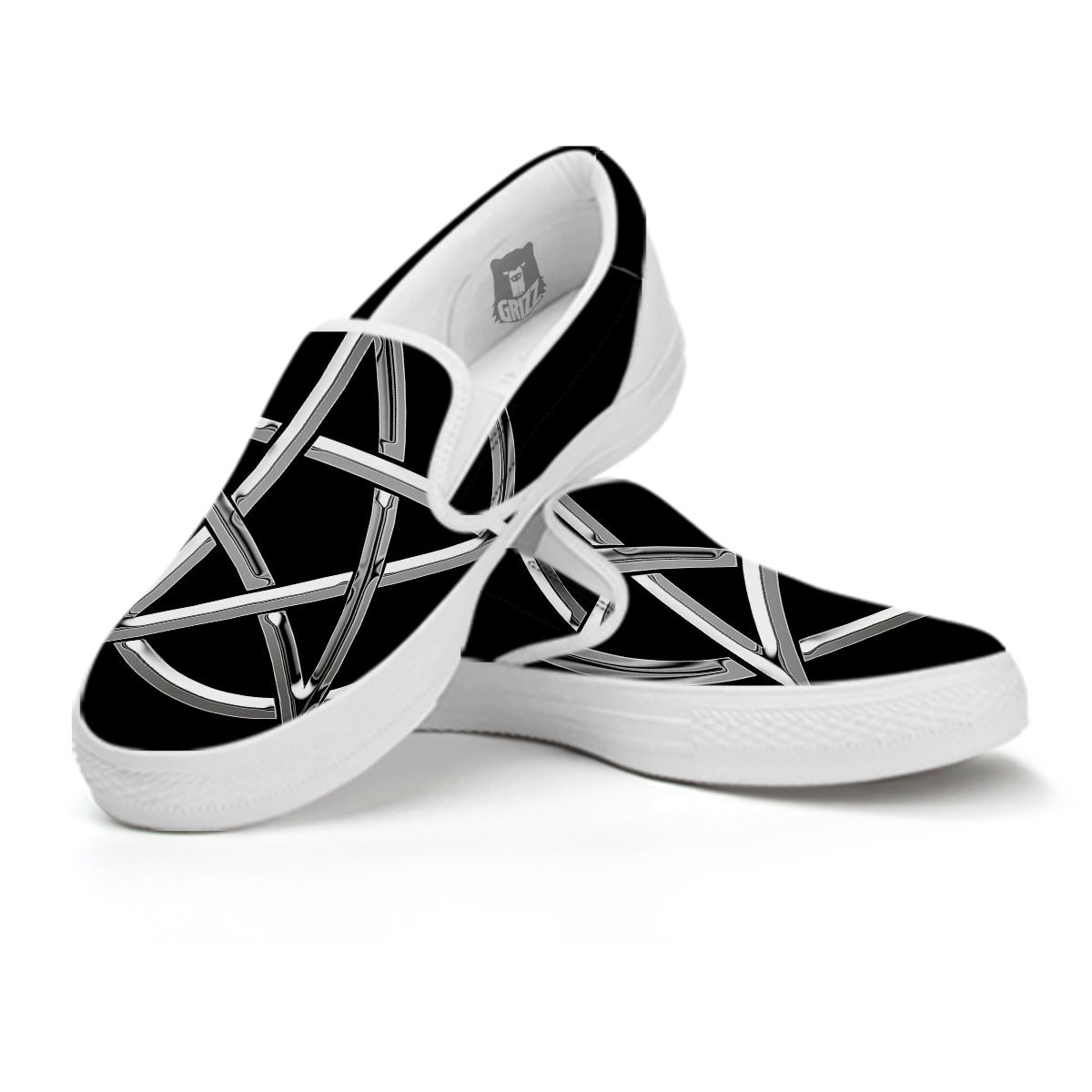 Pentagram Symbol White And Black Print White Slip On Shoes-grizzshop