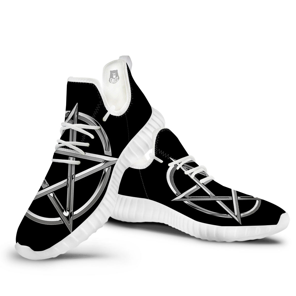 Pentagram Symbol White And Black Print White Walking Shoes-grizzshop