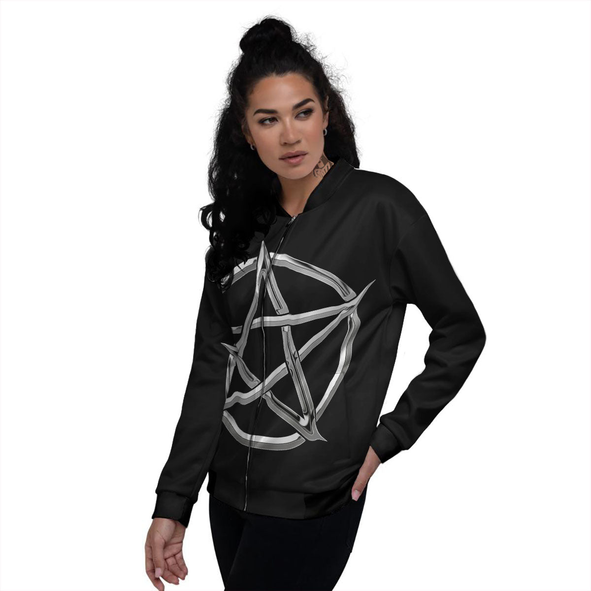 Pentagram Symbol White And Black Print Women's Bomber Jacket-grizzshop