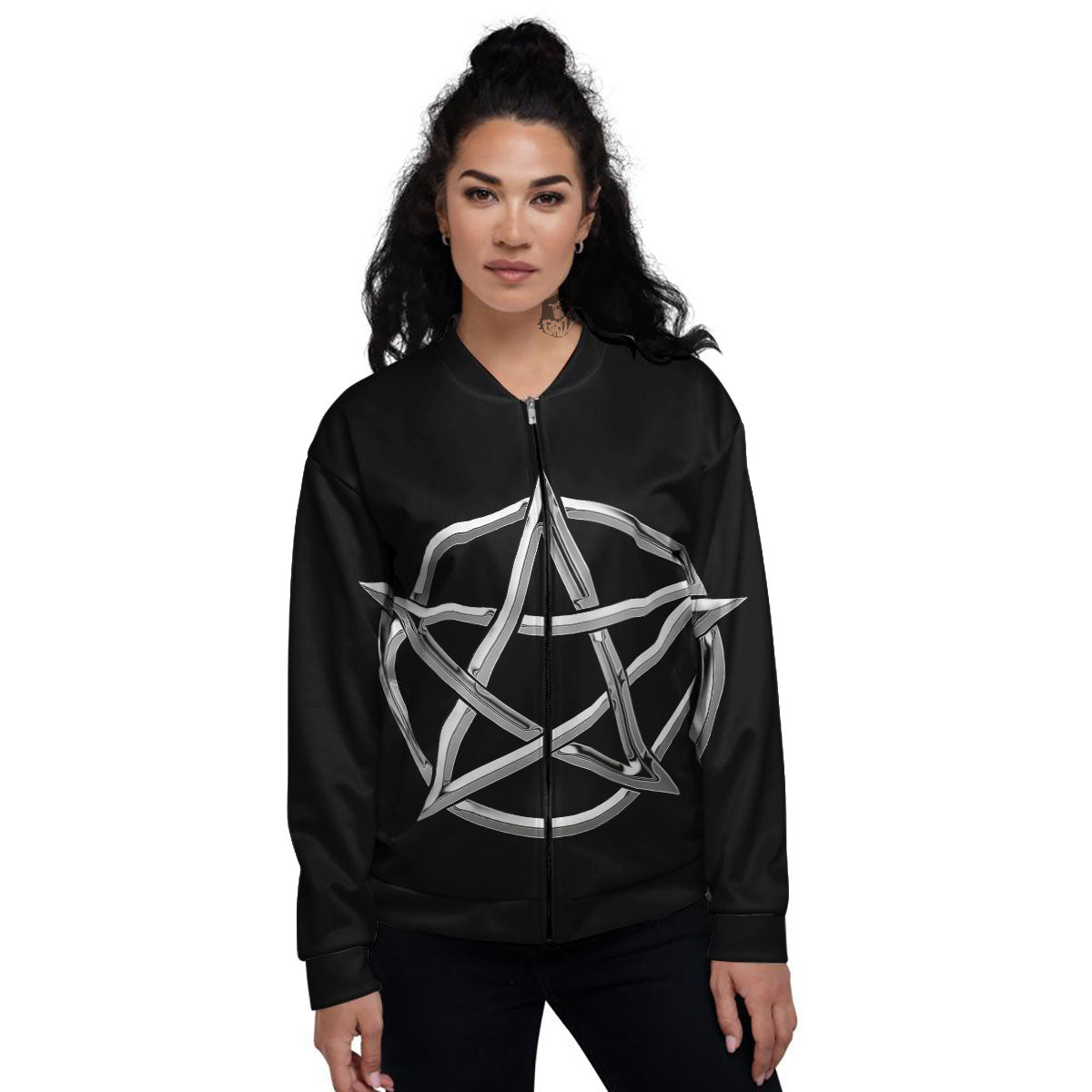Pentagram Symbol White And Black Print Women's Bomber Jacket-grizzshop
