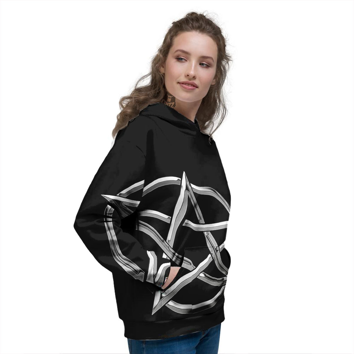 Pentagram Symbol White And Black Print Women's Hoodie-grizzshop