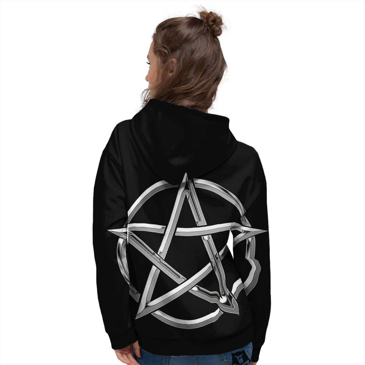 Pentagram Symbol White And Black Print Women's Hoodie-grizzshop