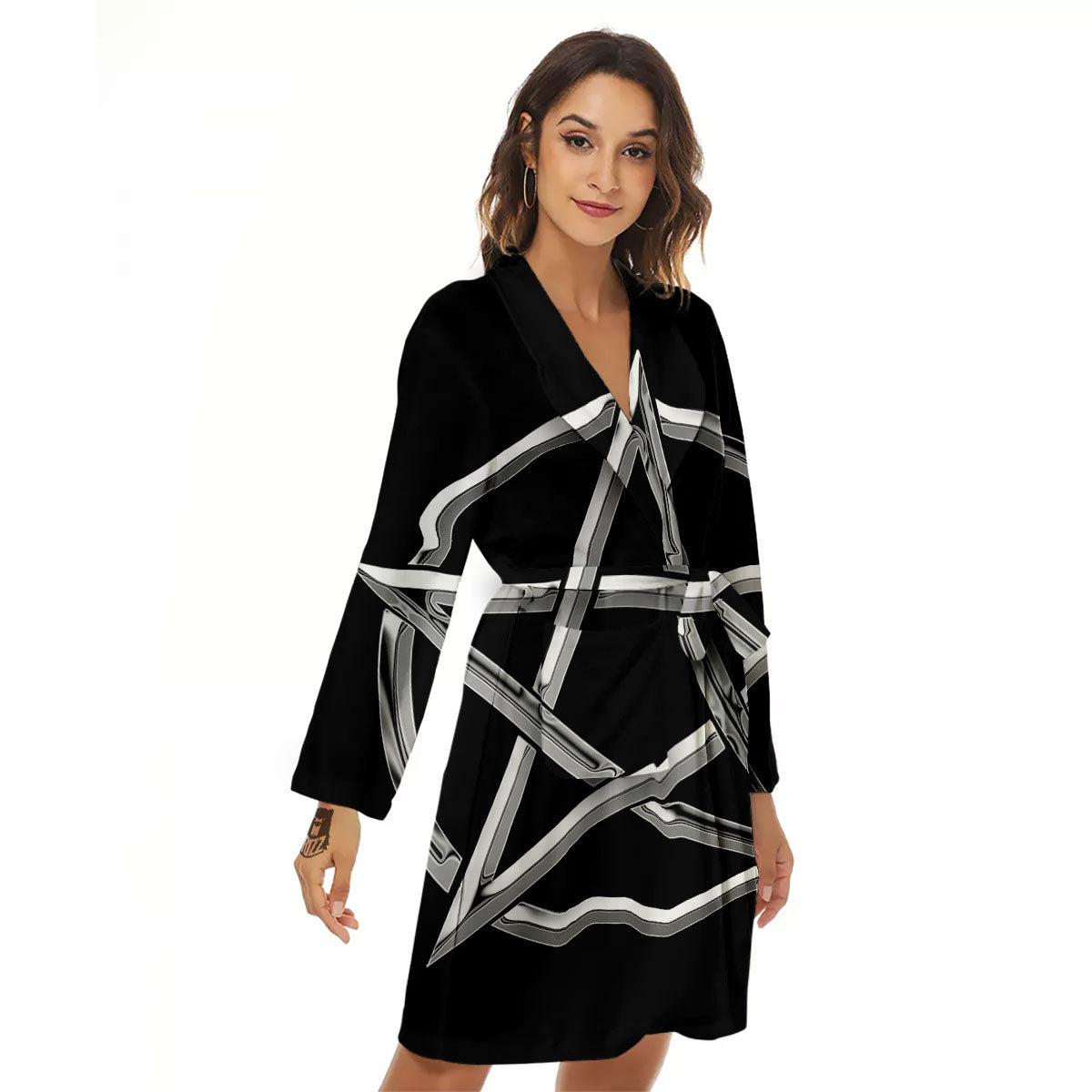 Pentagram Symbol White And Black Print Women's Robe-grizzshop