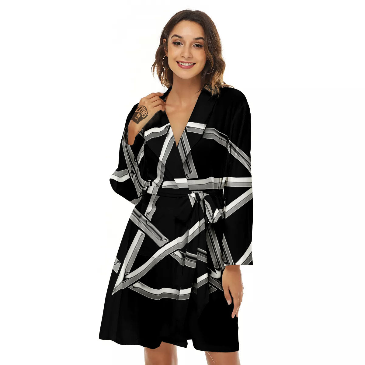 Pentagram Symbol White And Black Print Women's Robe-grizzshop