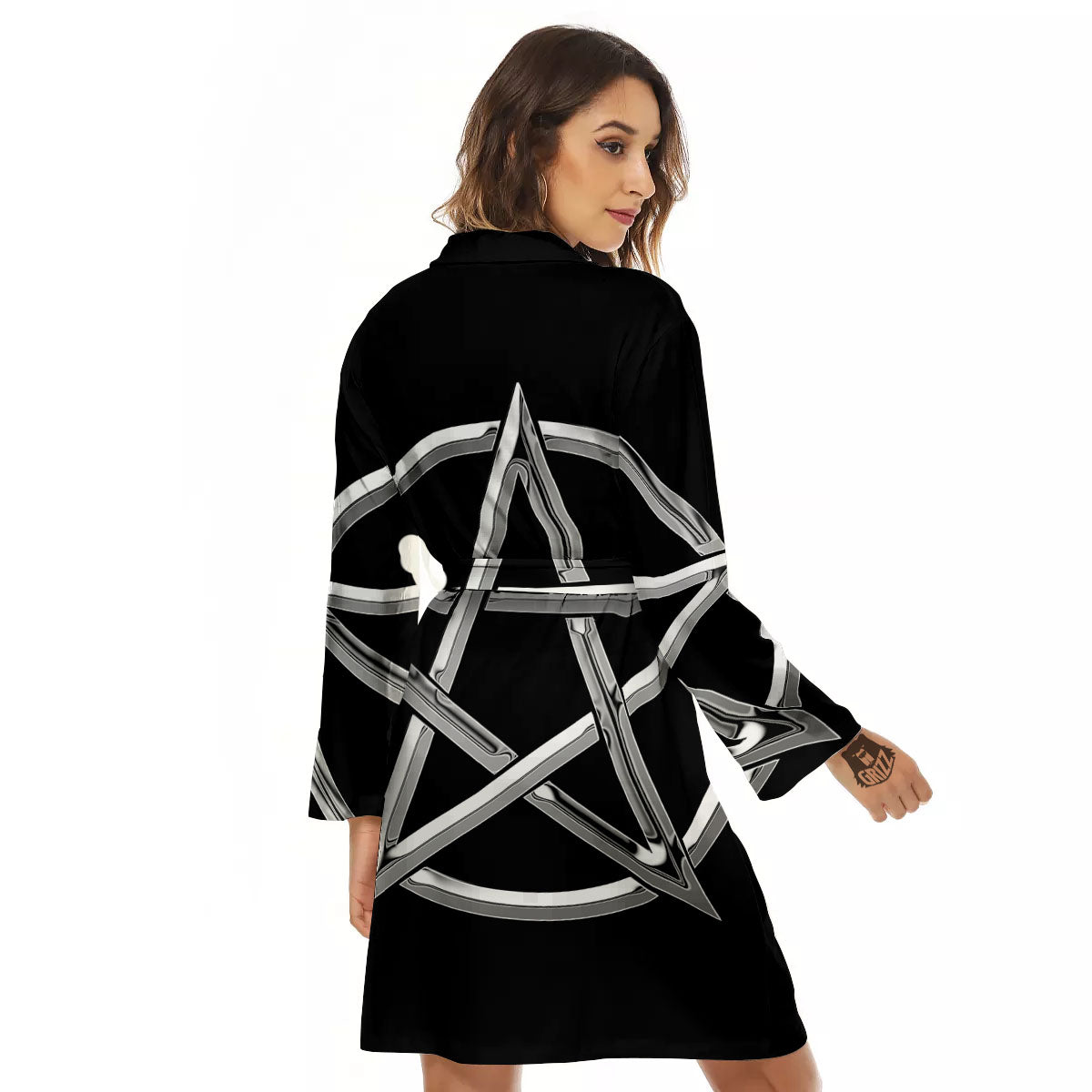 Pentagram Symbol White And Black Print Women's Robe-grizzshop