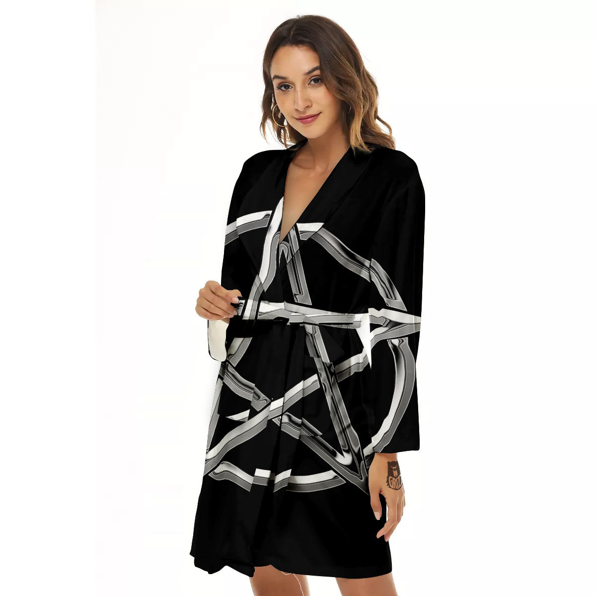 Pentagram Symbol White And Black Print Women's Robe-grizzshop