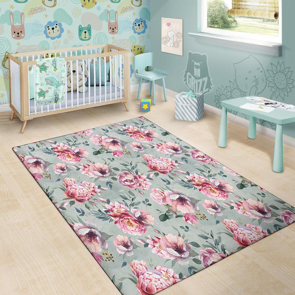 Peony Floral Pink Vintage Print Pattern Floor Mat-grizzshop