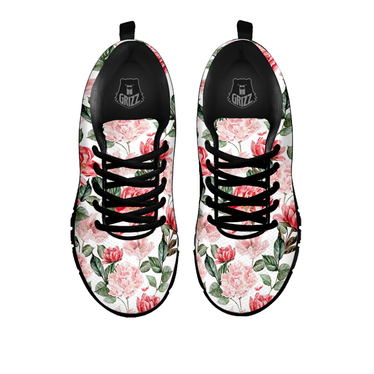 Peony Pink Print Pattern Black Sneaker-grizzshop