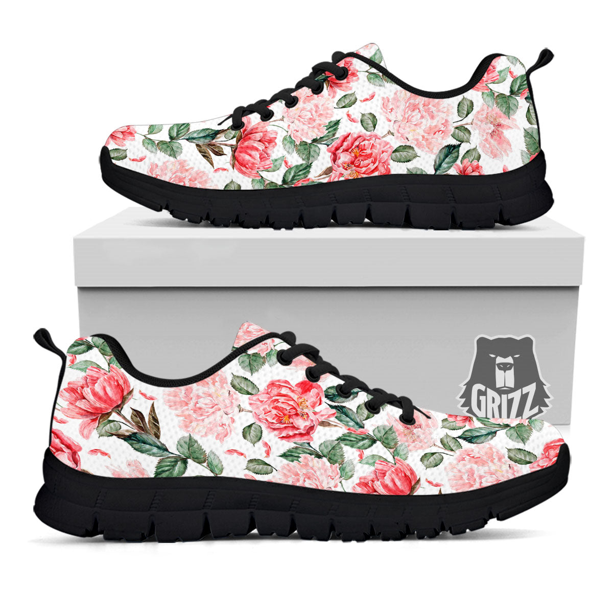 Peony Pink Print Pattern Black Sneaker-grizzshop