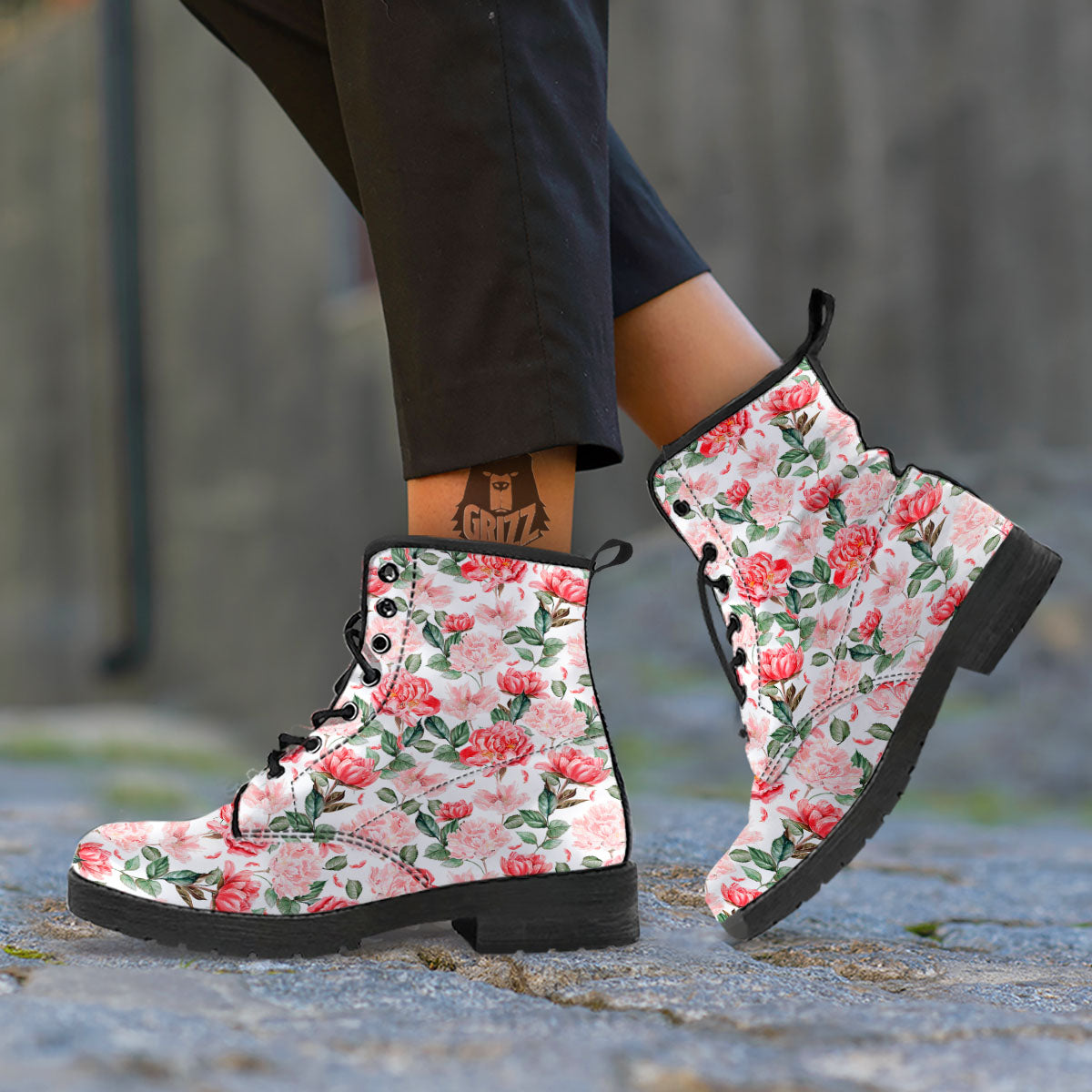 Peony Pink Print Pattern Leather Boots-grizzshop