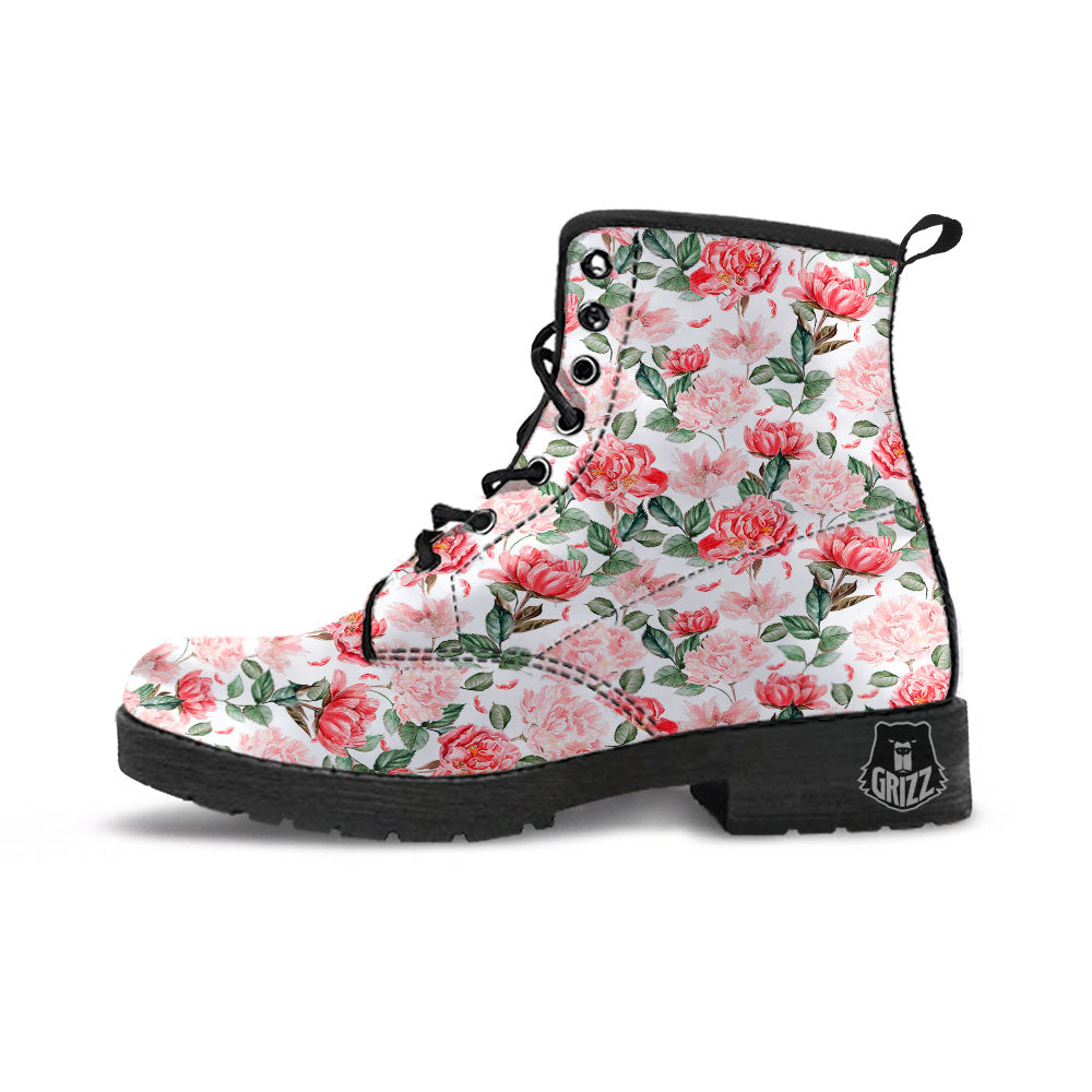 Peony Pink Print Pattern Leather Boots-grizzshop