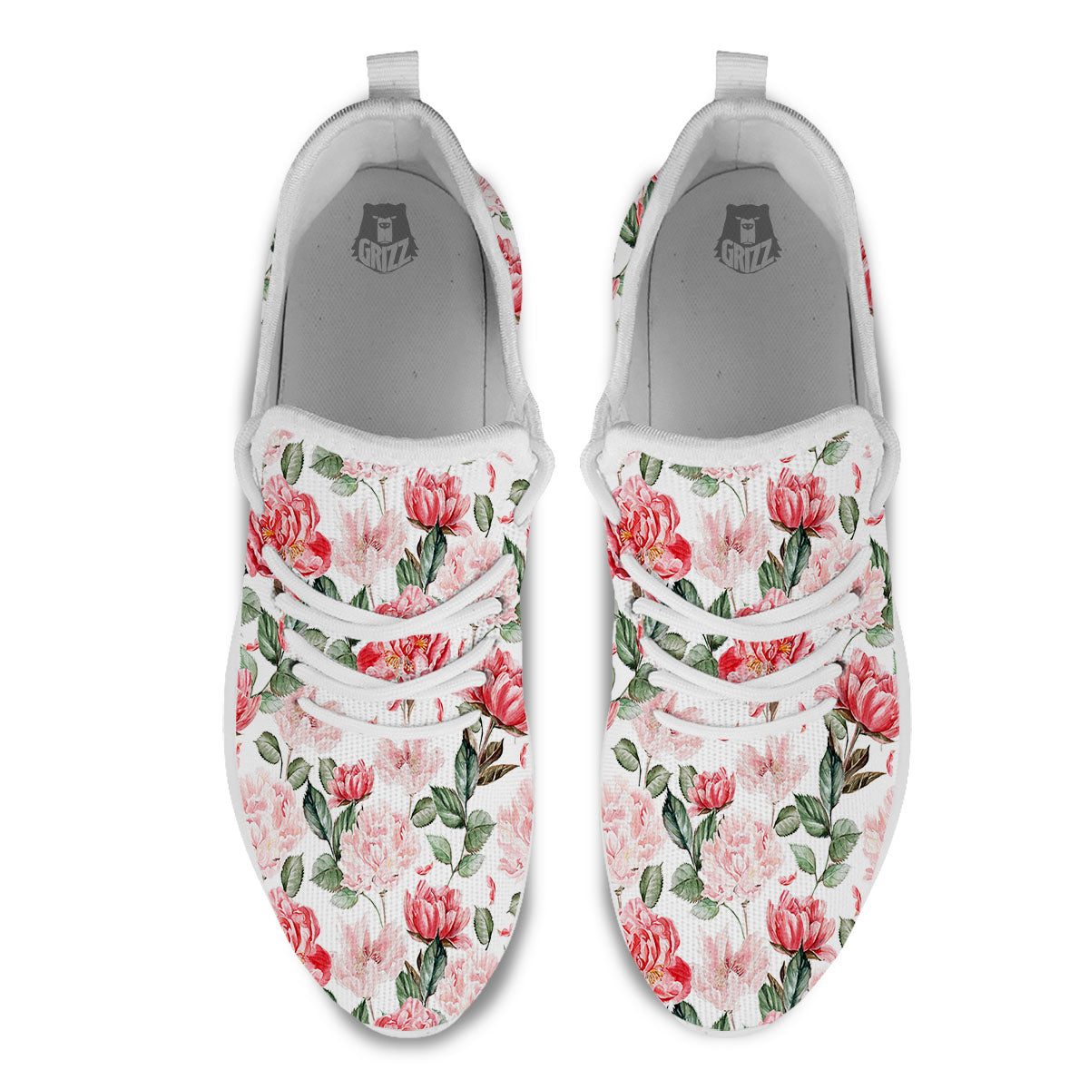 Peony Pink Print Pattern White Athletic Shoes-grizzshop