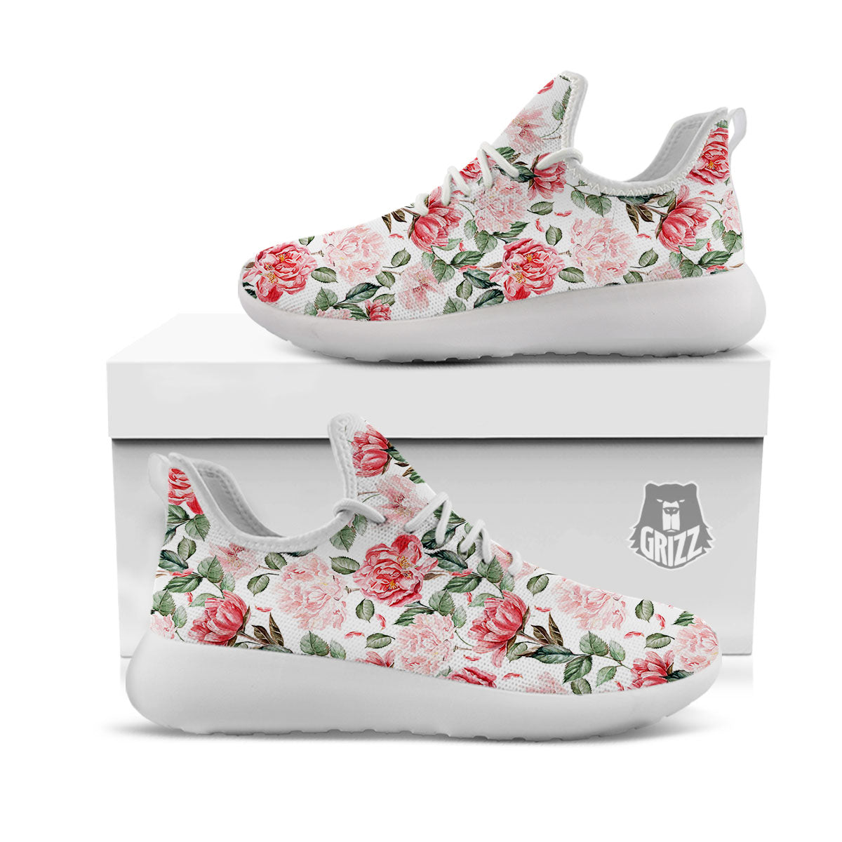 Peony Pink Print Pattern White Athletic Shoes-grizzshop