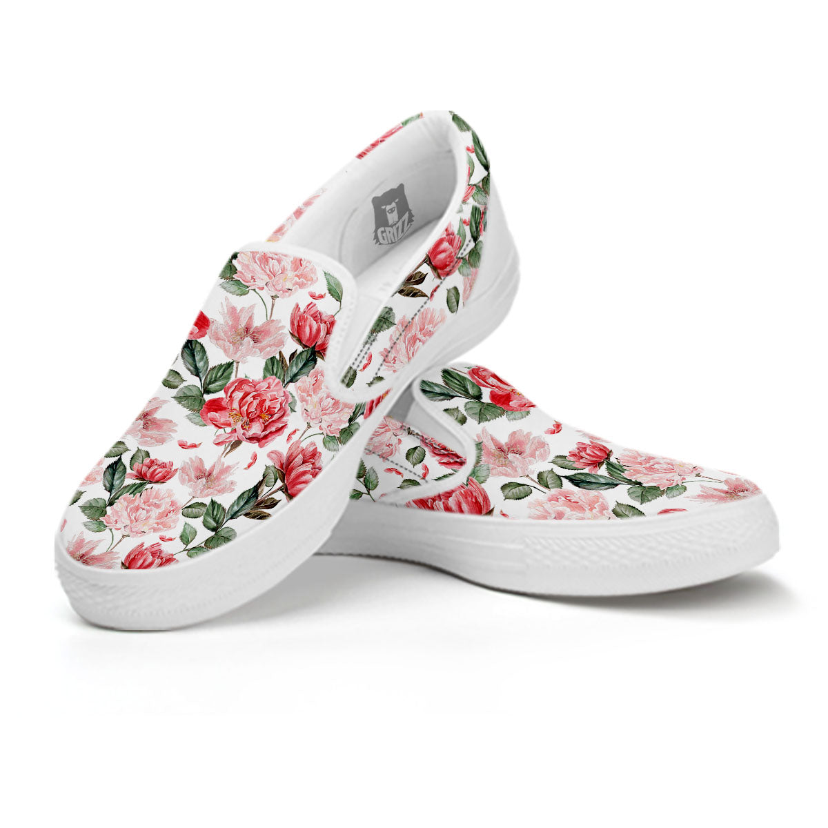 Peony Pink Print Pattern White Slip On Shoes-grizzshop