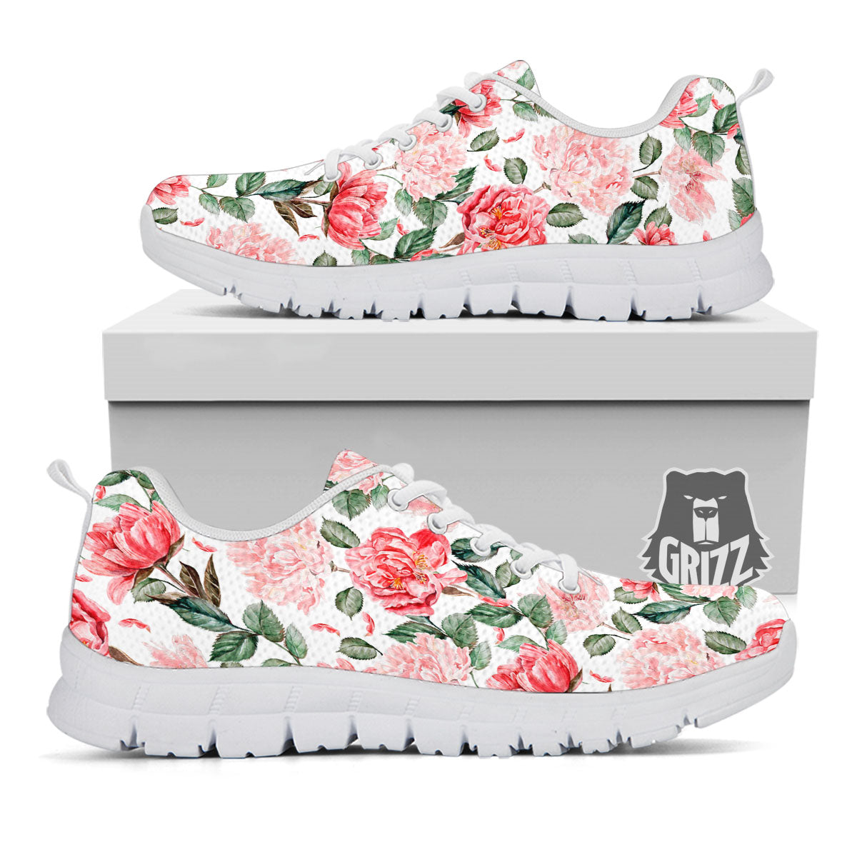 Peony Pink Print Pattern White Sneaker-grizzshop