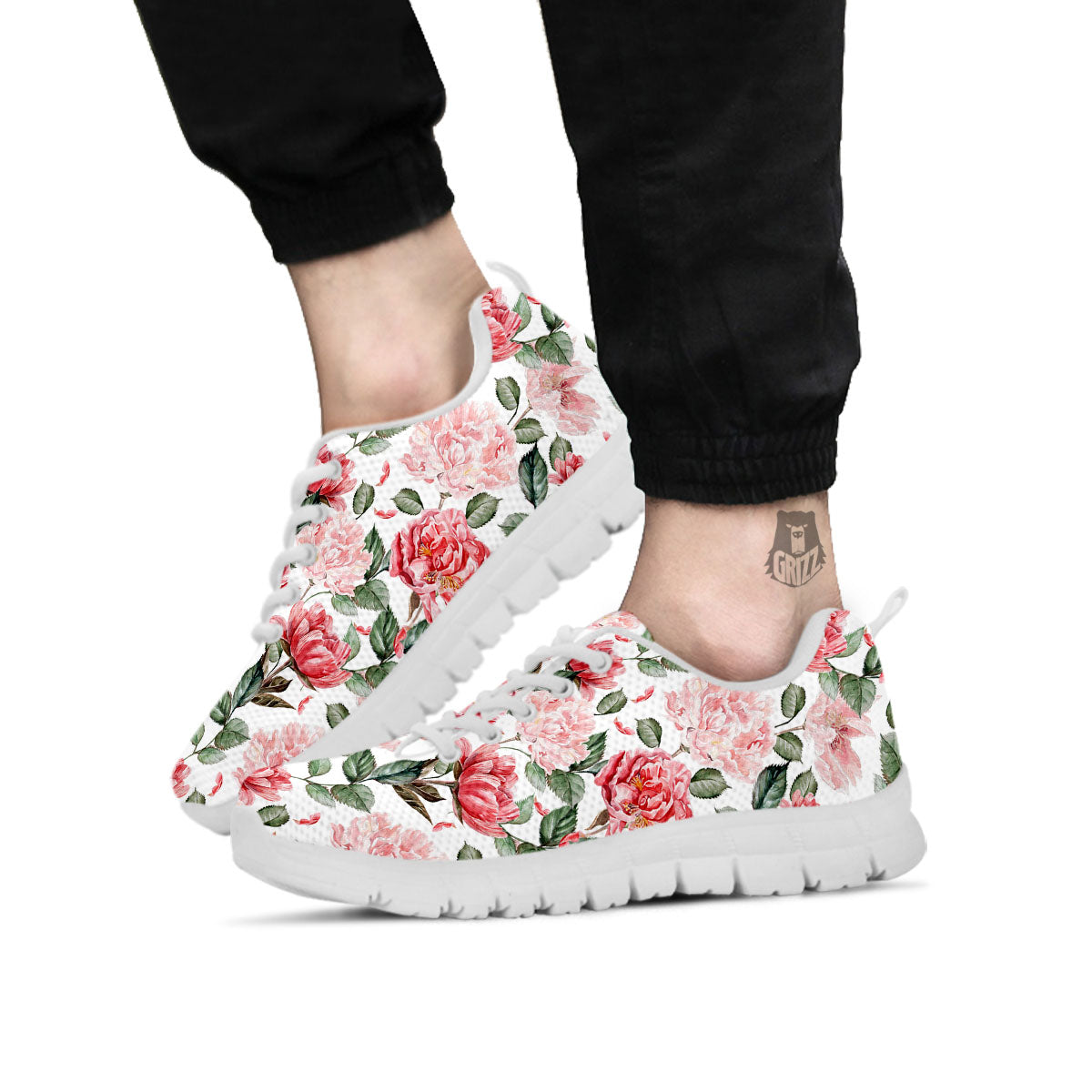 Peony Pink Print Pattern White Sneaker-grizzshop