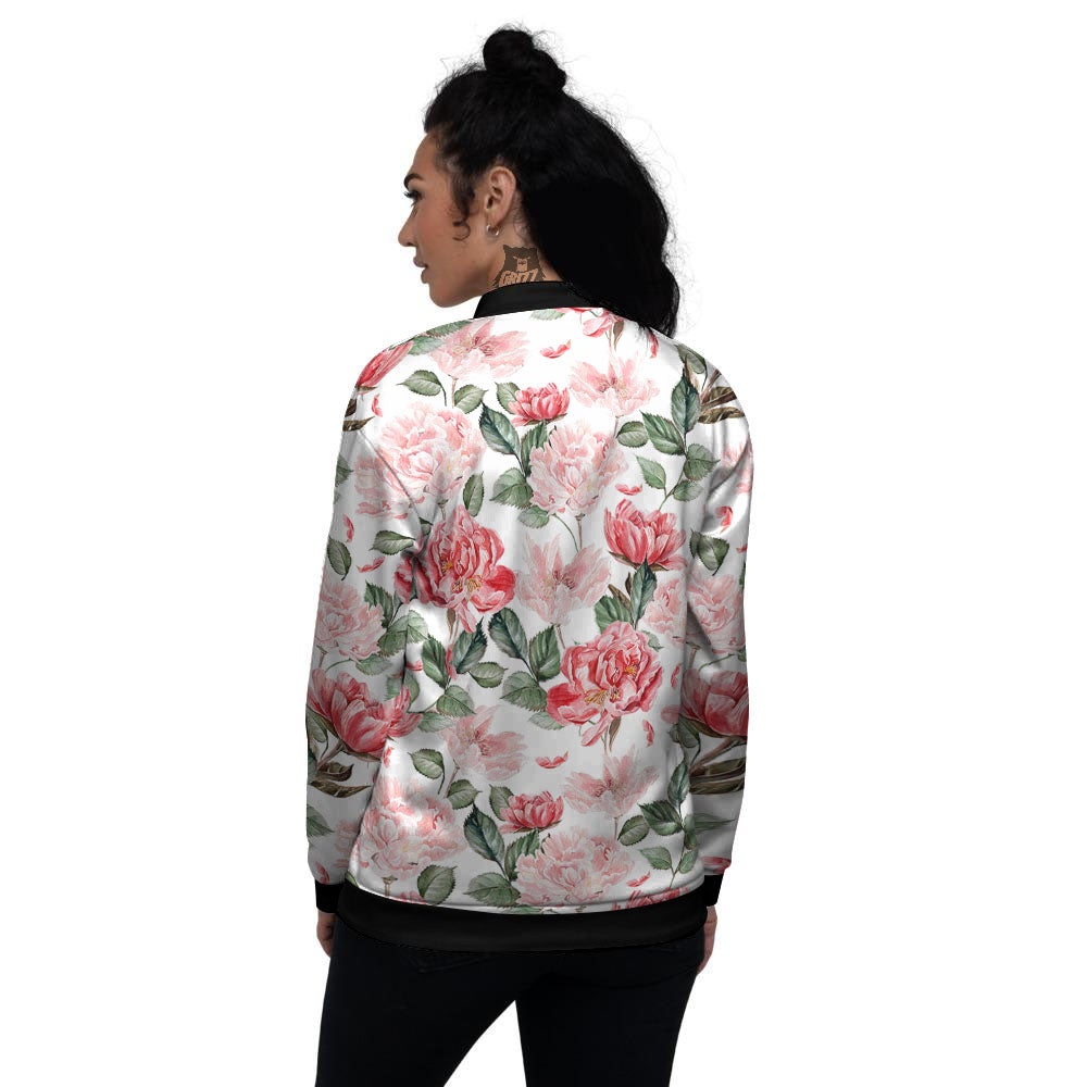 Peony Pink Print Pattern Women's Bomber Jacket-grizzshop