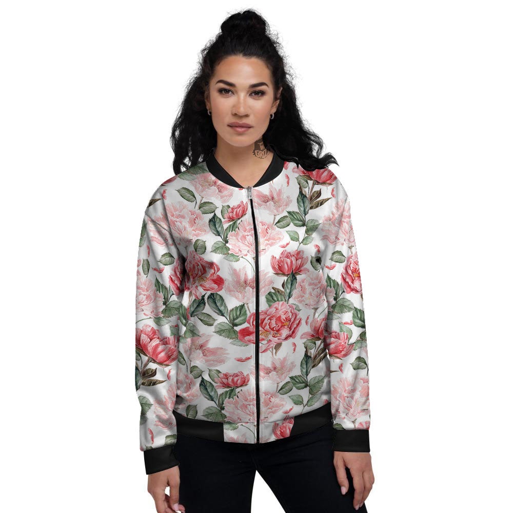 Peony Pink Print Pattern Women's Bomber Jacket-grizzshop
