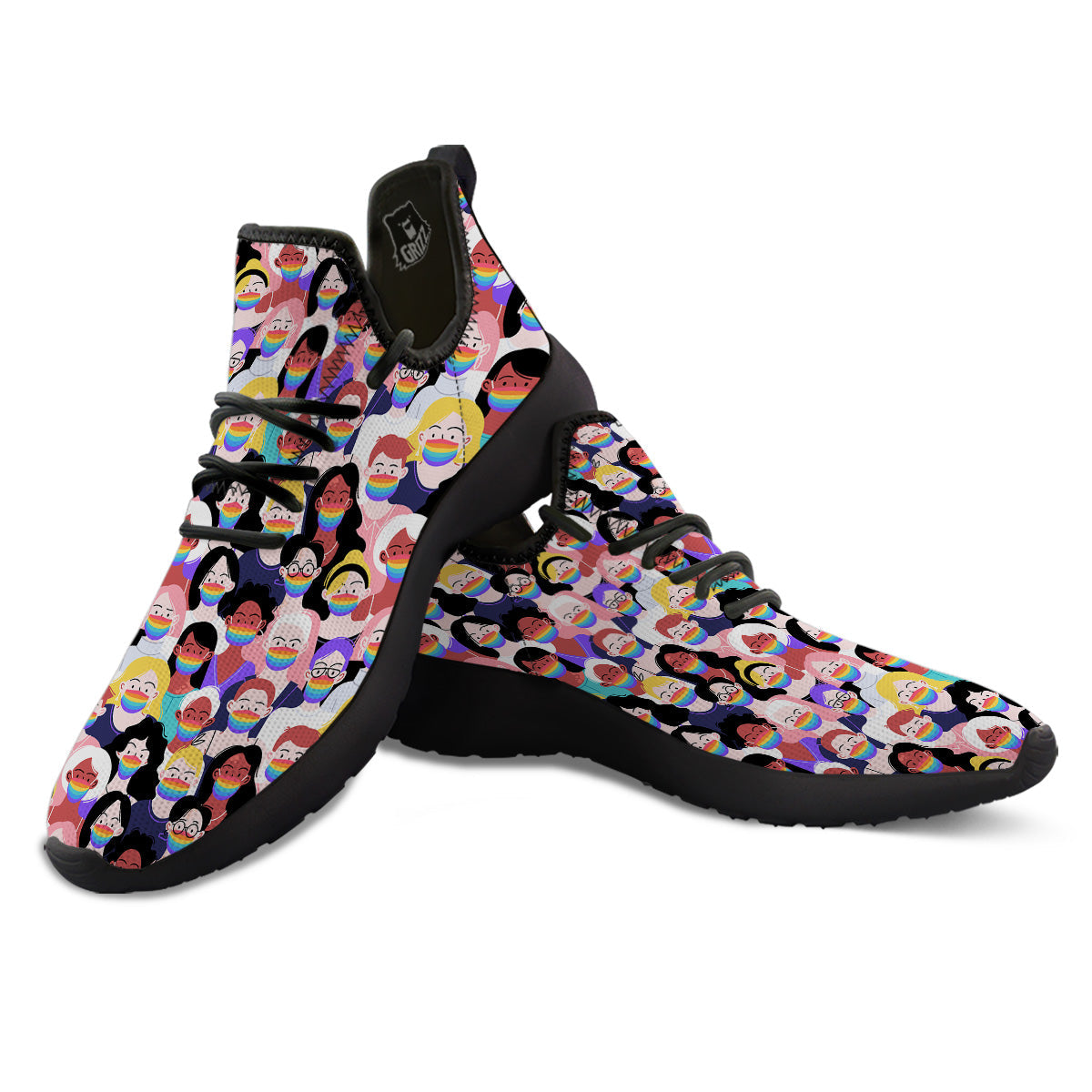 People And Rainbow Face Masks Print Pattern Black Athletic Shoes-grizzshop