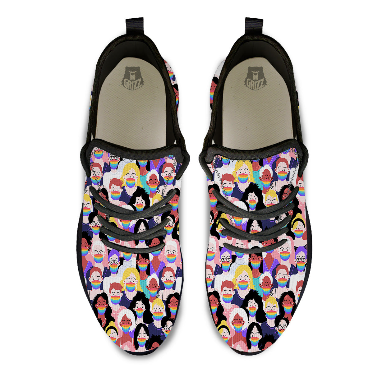 People And Rainbow Face Masks Print Pattern Black Athletic Shoes-grizzshop