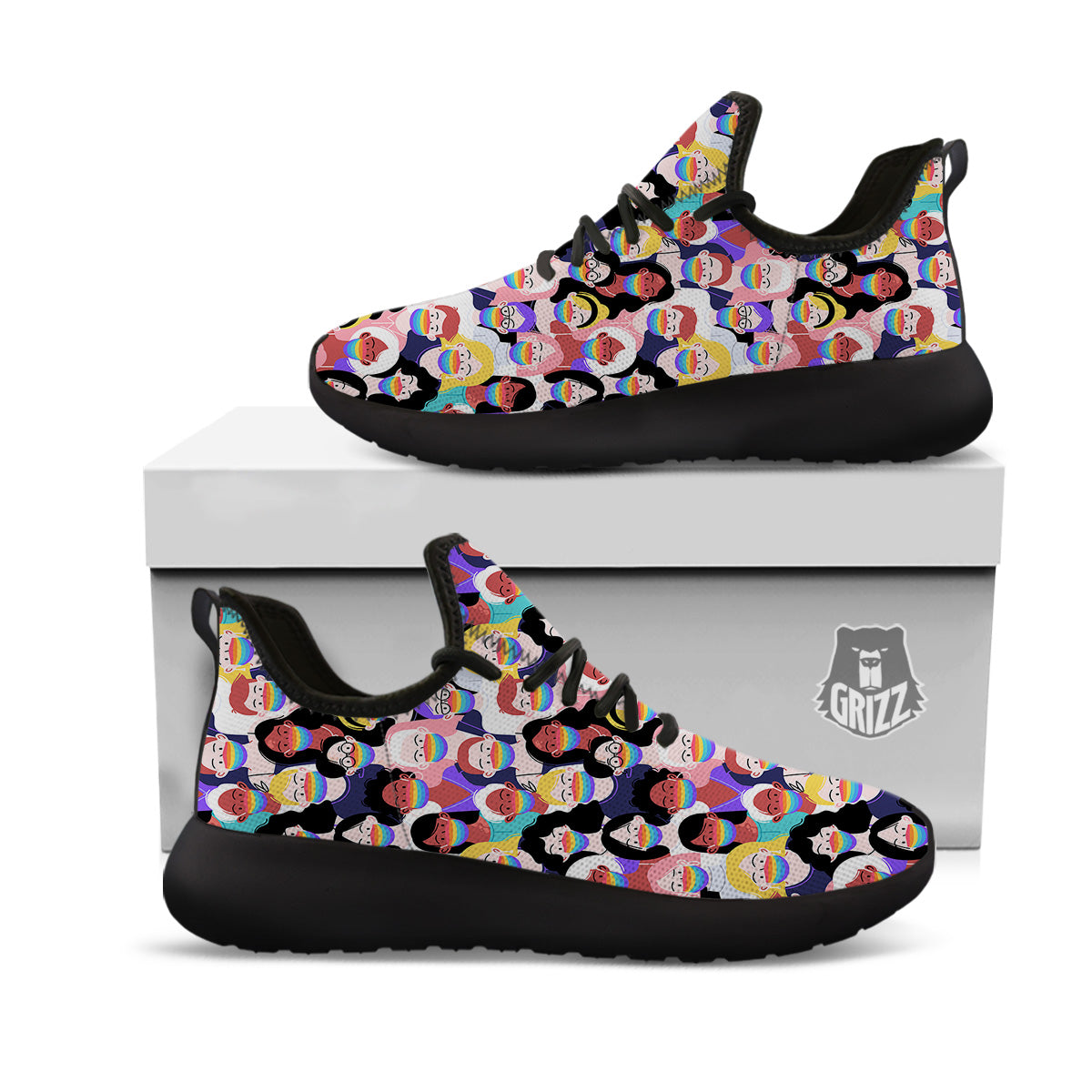People And Rainbow Face Masks Print Pattern Black Athletic Shoes-grizzshop