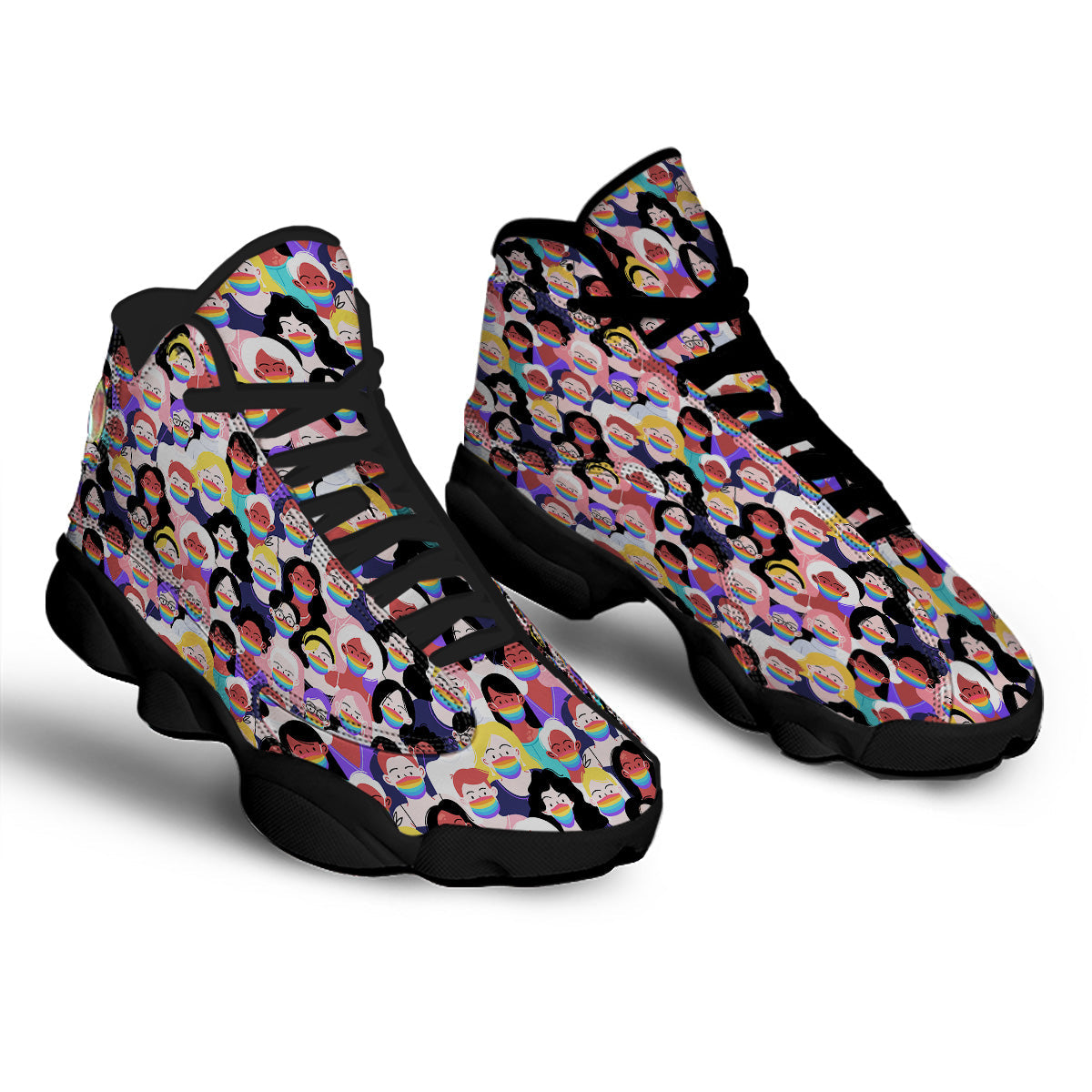 People And Rainbow Face Masks Print Pattern Black Basketball Shoes-grizzshop
