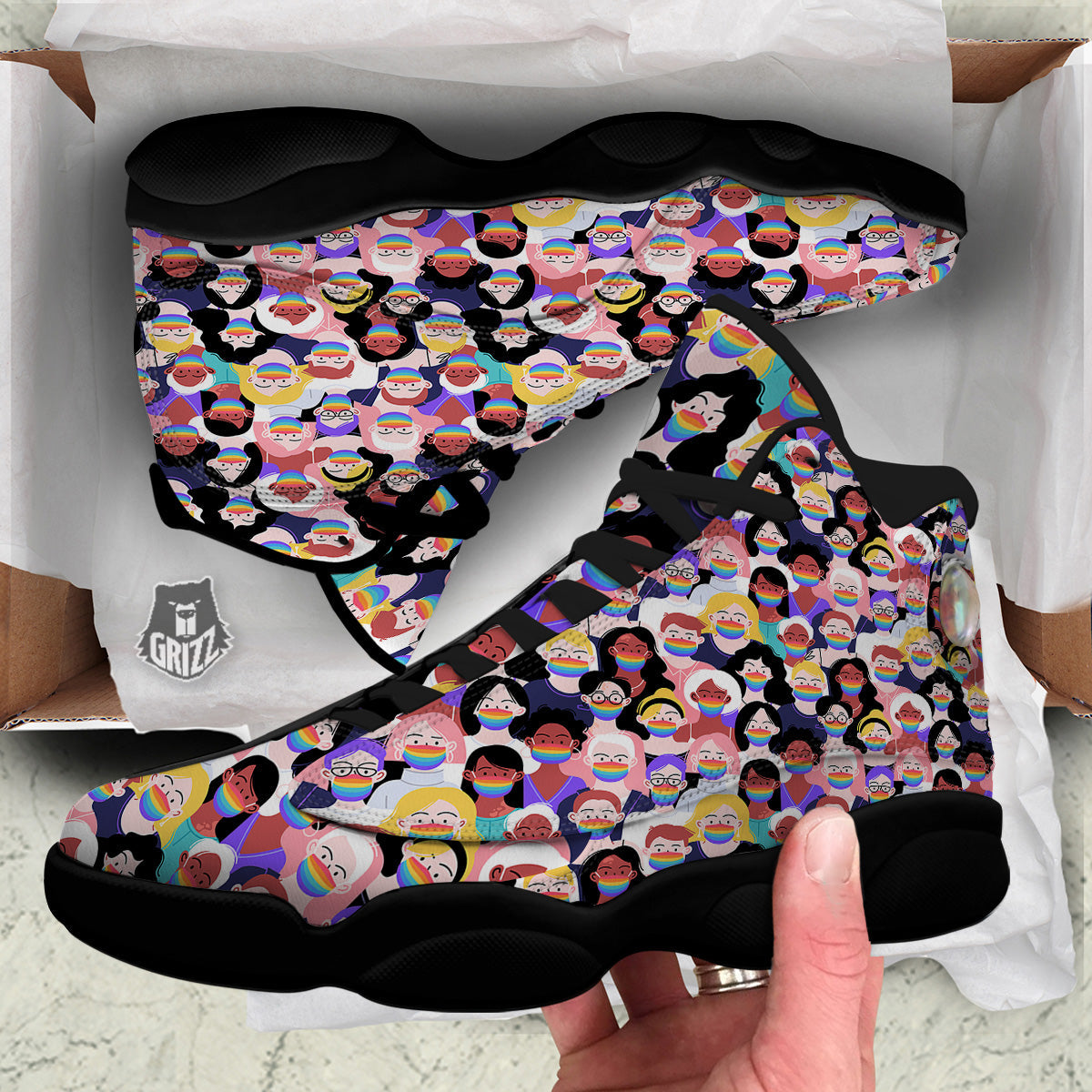 People And Rainbow Face Masks Print Pattern Black Basketball Shoes-grizzshop
