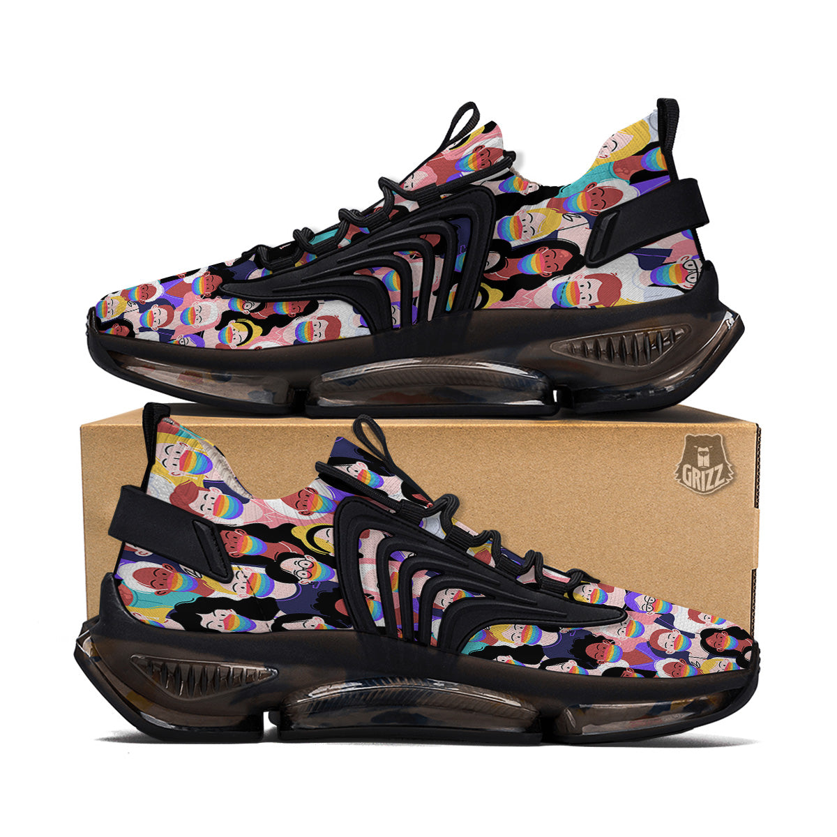 People And Rainbow Face Masks Print Pattern Black Gym Shoes-grizzshop