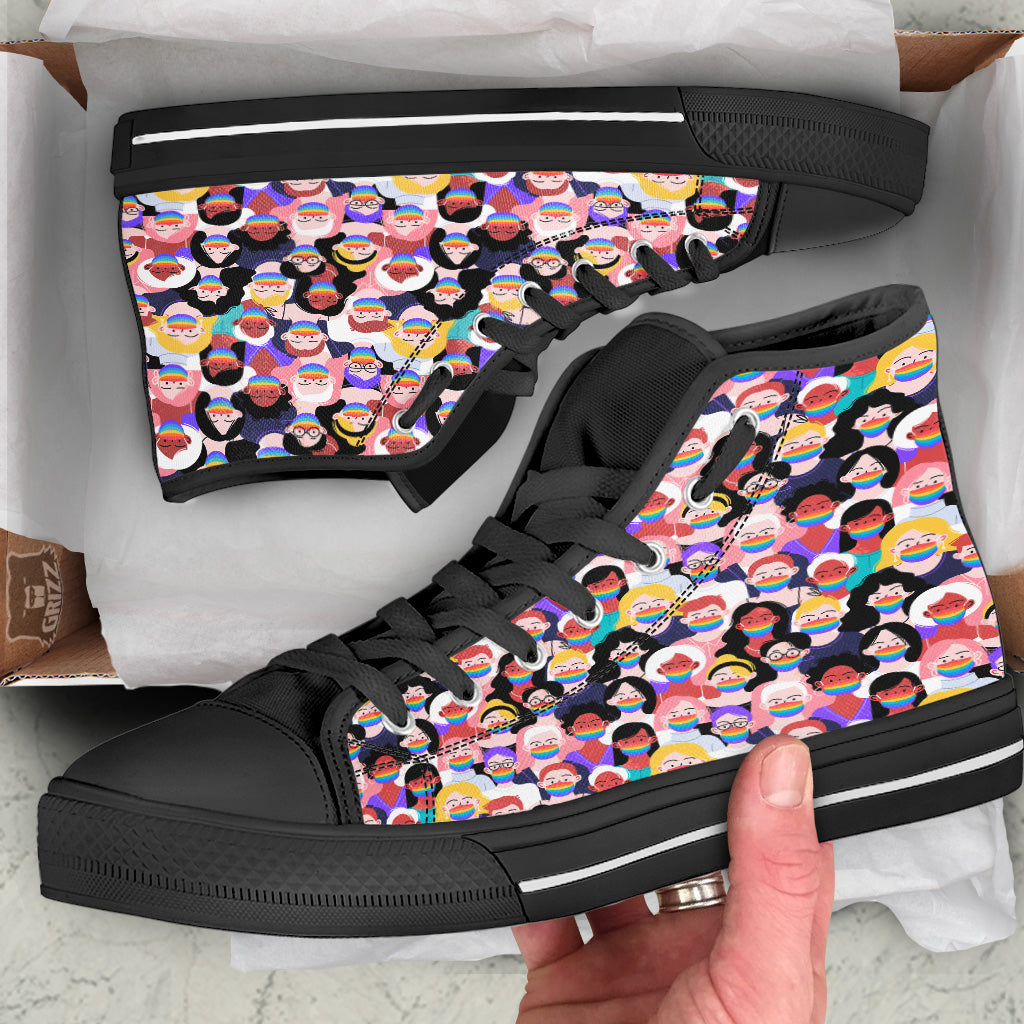 People And Rainbow Face Masks Print Pattern Black High Top Shoes-grizzshop